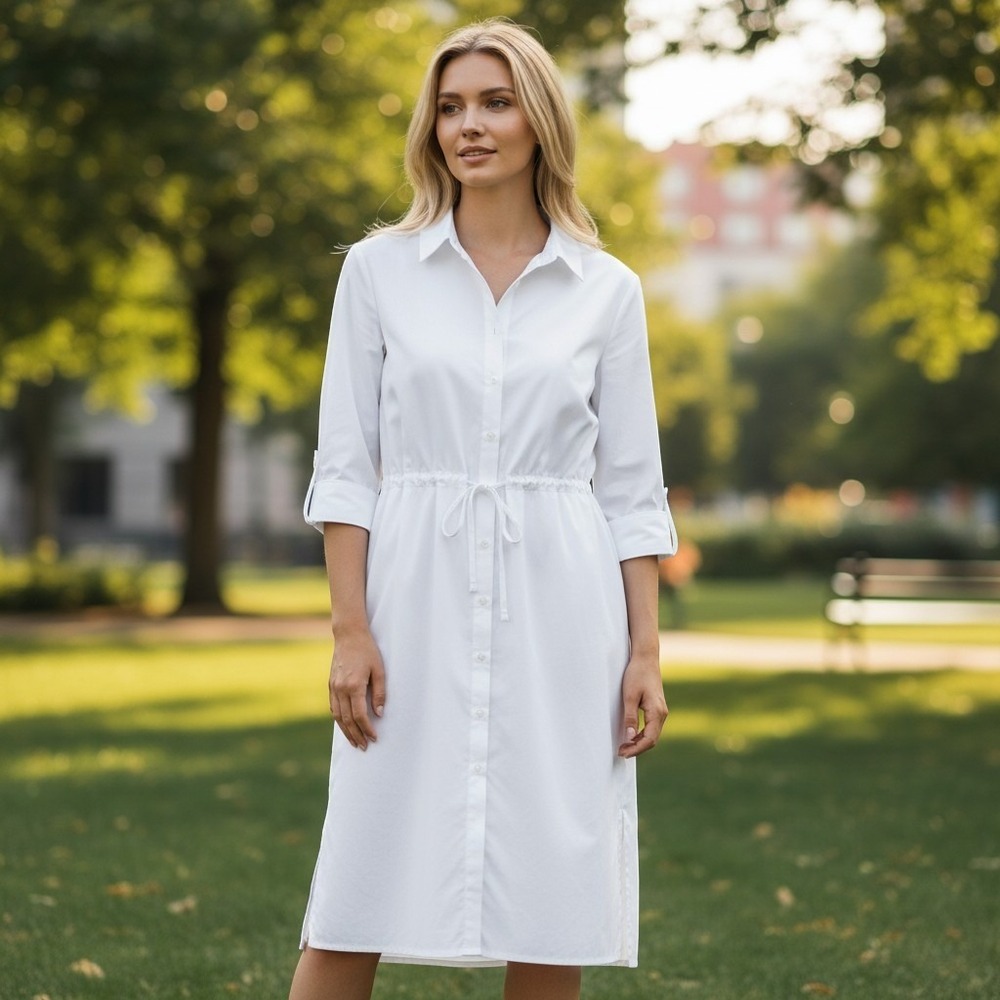 Nation LTD Irene Dress White Cotton Midi Shirtdress Drawstring Waist‎ Small NWT